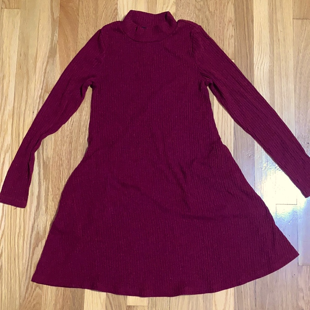 Long sleeve almost knee length dark red dress